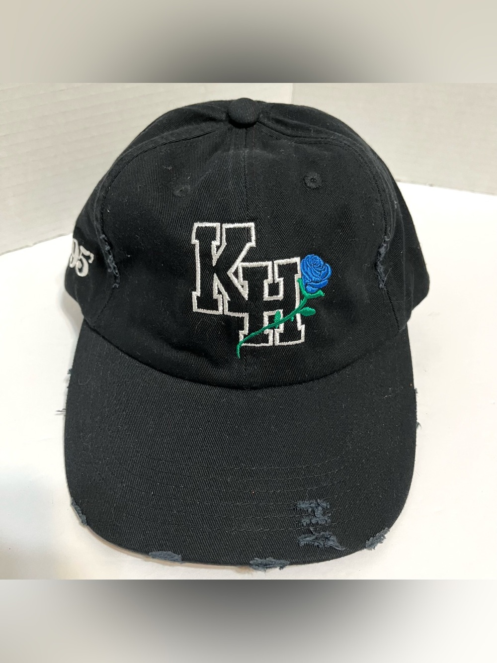 KH Embroidered Blue Rose Black Distressed Dad Ball Cap